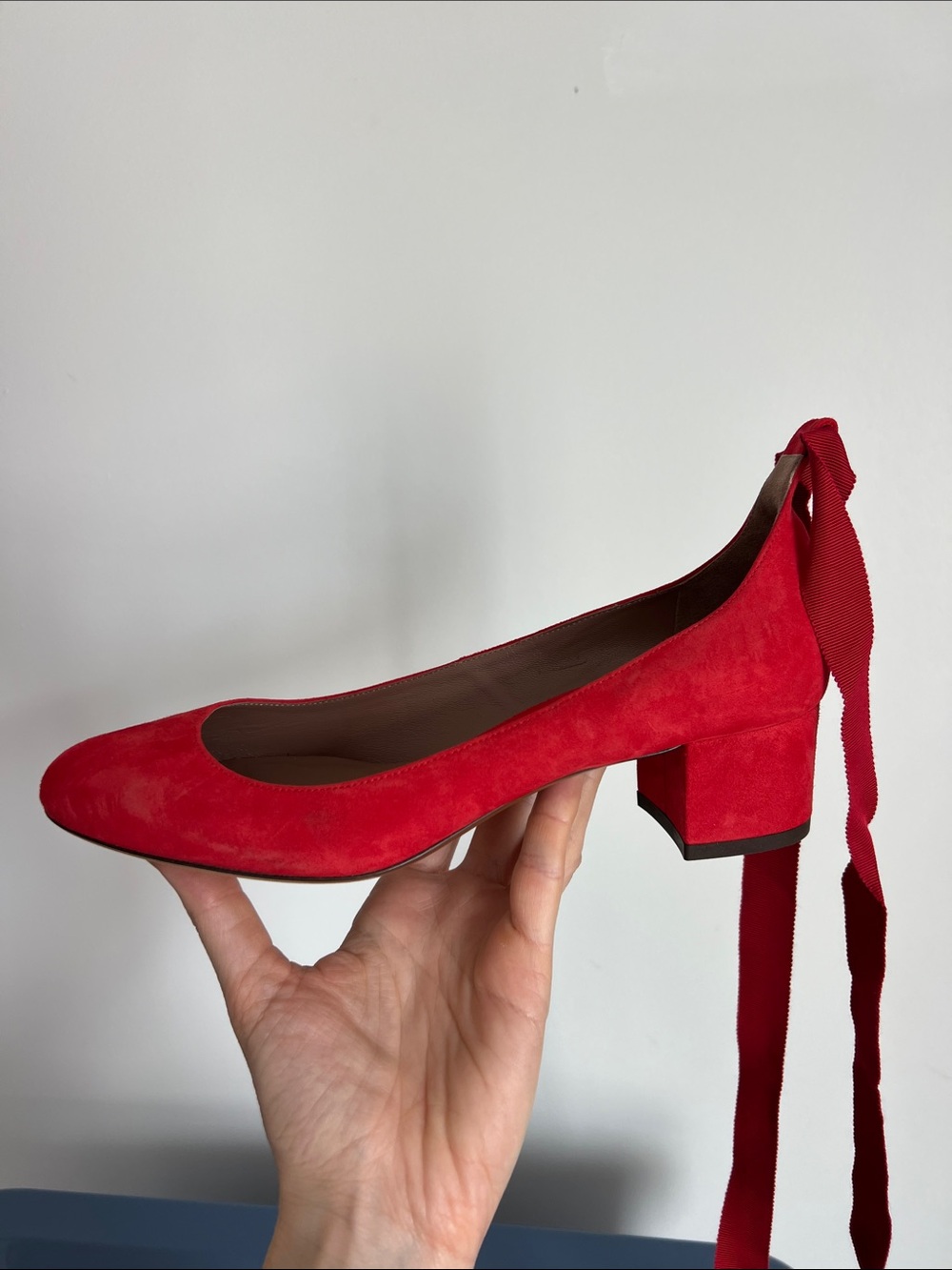 Tabitha Simmons red suede block low heels with ribbon wrap around ankle bows 38 - Picture 9 of 16